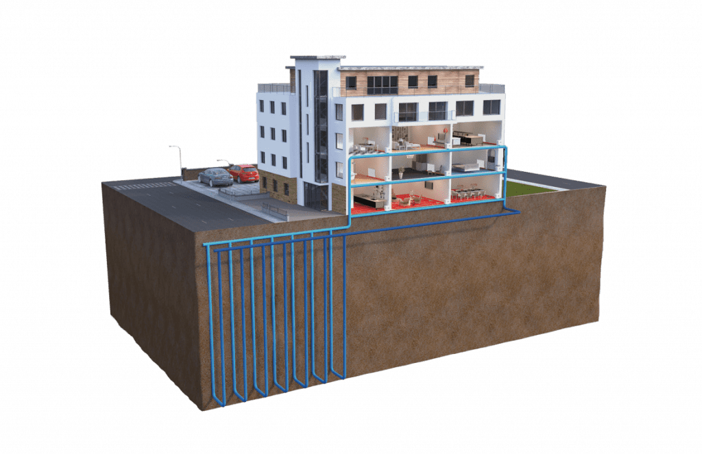 Kensa Ground Source Heat Pumps Shoebox Heat Pump District Heating Diagram for New Builds & Tower Blocks with Renewable Heat Incentive