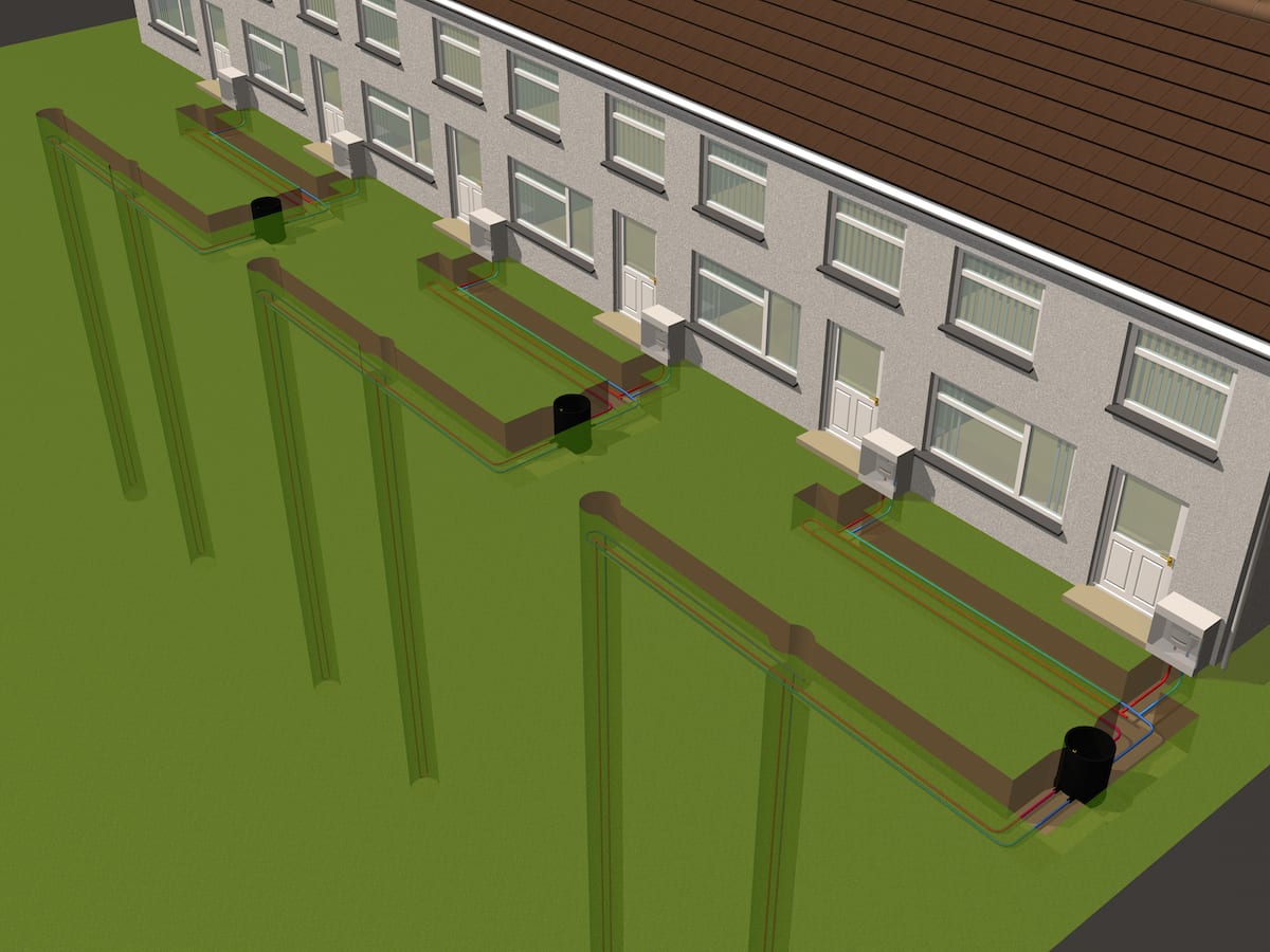 Graphic of boreholes for ground source heat pump installations in terraced housing