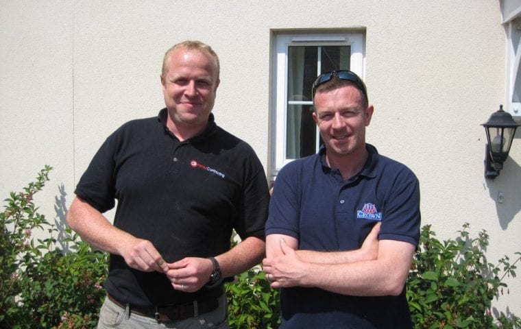 Kensa Ground Source Heat Pump Review: Social Housing - Flagship Housing. Dan Roberts (Kensa Project Manager) and Mr Blowers (Tenant at one of the properties in Array 4)