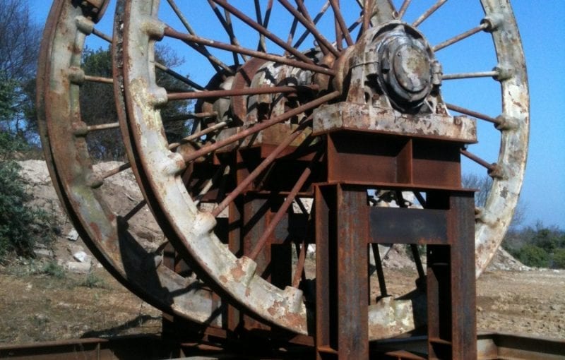 Original Mining Wheel marks the entrance to the Mount Wellington Mine Renewable Energy Park.