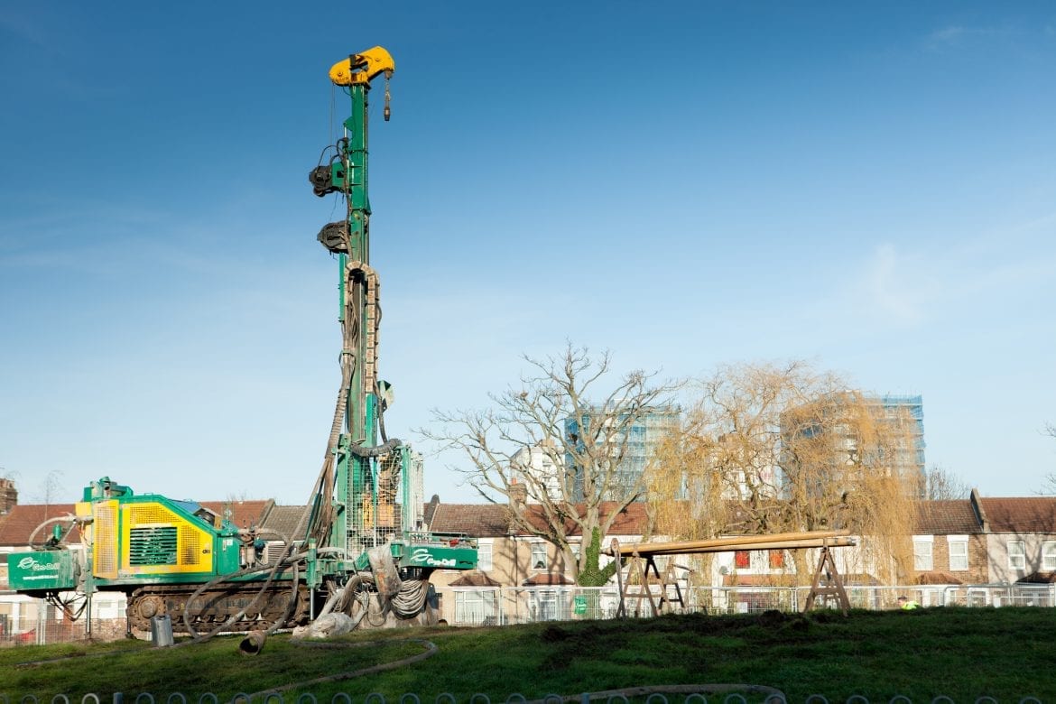 Kensa Ground Source Heat Pump Review: Social Housing - Borehole drilling rig at the Enfield site