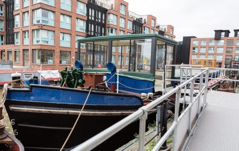 Sabrina 5 canal barge water source heat pump case study: docked at Gloucester Waterways Museum