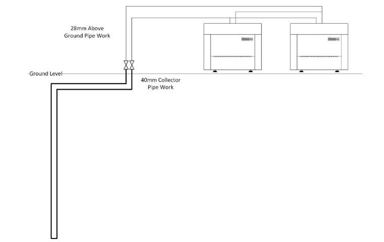 Tuckers Close ground source heat pump case study: collector and above ground pipework schematic
